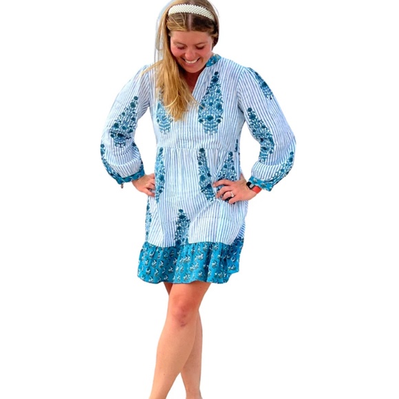 Liza Byrd Cotton Hand Block Print Louisa Dress In Teal NWT - Picture 1 of 3